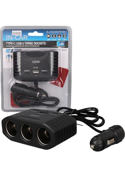 2012 12-24V Çift Type-C - Tek USB Girişli 120W 80CM Kablolu 3'lü Araç Çakmak Çoklayıcı