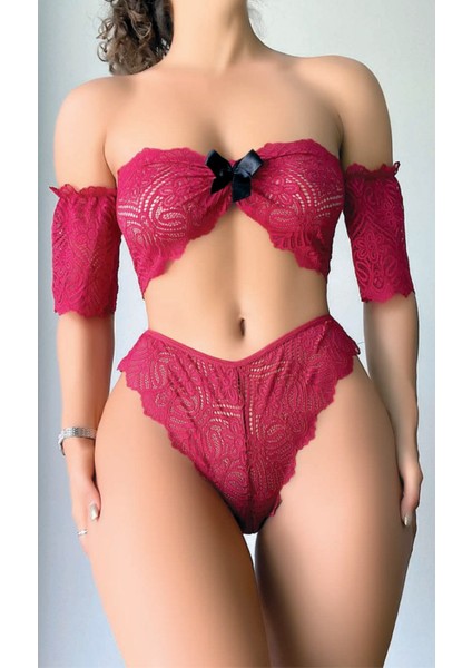Arias Closet Fiyonk Detaylı Kırmızı Dantel Sütyen Külot Takım