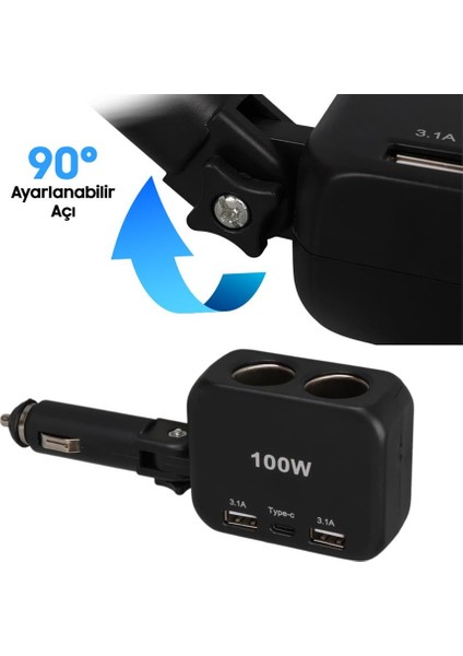 1655 12-24V Type-C + Çift Usb-A Girişli 100W 2'li Araç Çakmak Çoklayıcı indirimleri