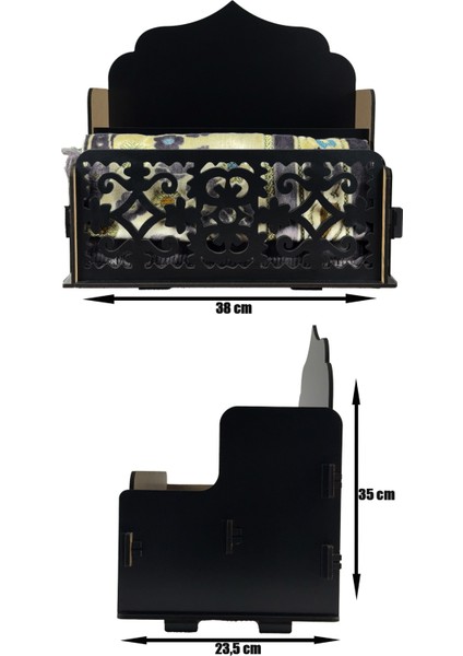 Siyah Ahşap Seccadelik ve Kuranlık Düzenleyici, Şık Islami Dekoratif Kitap ve Seccade Rafı