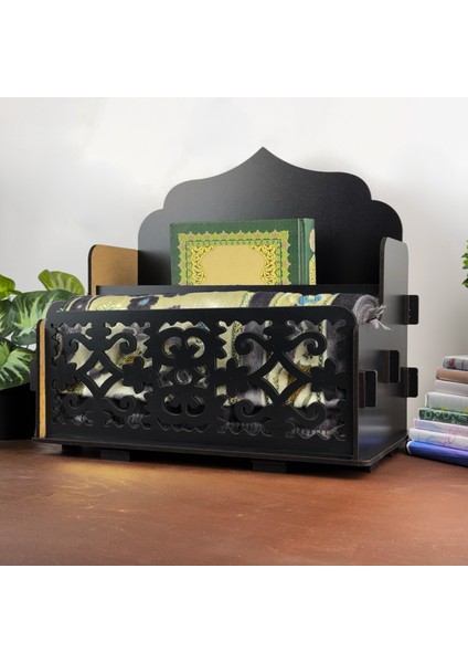 Siyah Ahşap Seccadelik ve Kuranlık Düzenleyici, Şık Islami Dekoratif Kitap ve Seccade Rafı modelleri