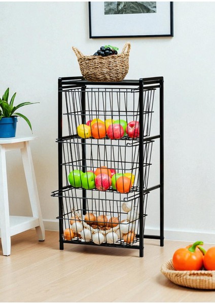 Dekoratif Siyah Metal Sebzelik 3 Raflı Tel Sepetli Çok Amaçlı Stand