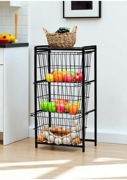 Dekoratif Siyah Metal Sebzelik 3 Raflı Tel Sepetli Çok Amaçlı Stand modelleri