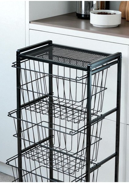Dekoratif Siyah Metal Sebzelik 3 Raflı Tel Sepetli Çok Amaçlı Stand