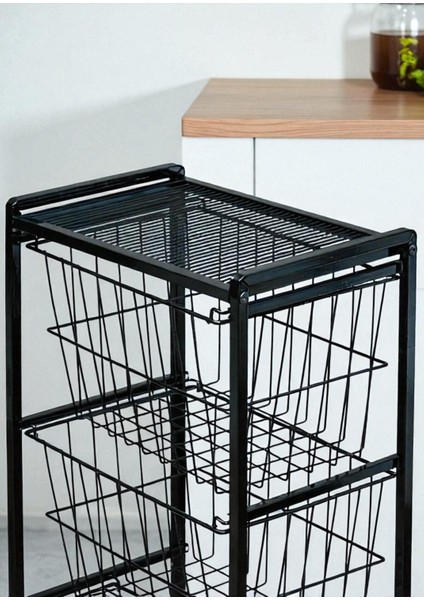 Dekoratif Siyah Metal Sebzelik 3 Raflı Tel Sepetli Çok Amaçlı Stand