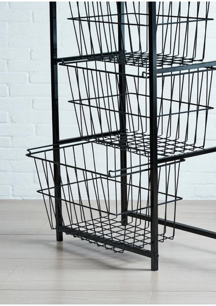 Dekoratif Siyah Metal Sebzelik 3 Raflı Tel Sepetli Çok Amaçlı Stand