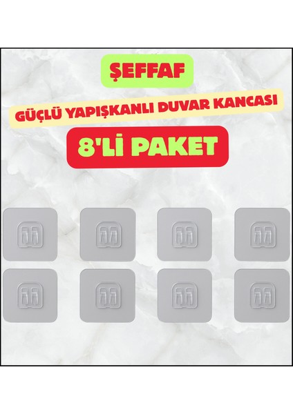 8'li Şeffaf Kendinden Güçlü Yapışkanlı Mutfak, Kahve Köşesi Banyo, Duş Çok Amaçlı Kancalı Askı
