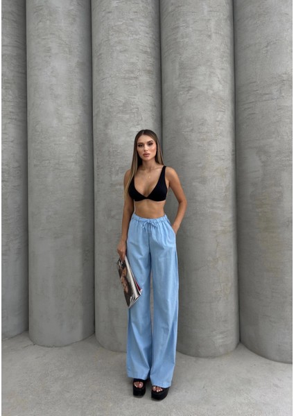 Bağcıklı Keten Pantolon Mavi