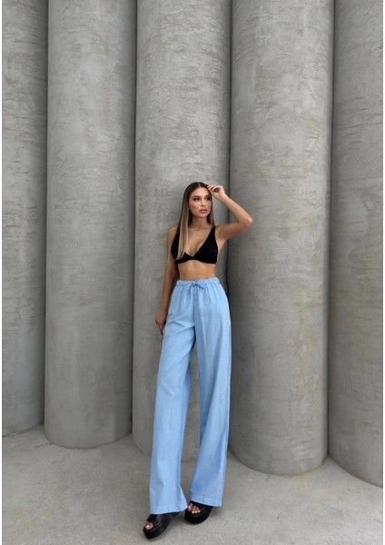 Bağcıklı Keten Pantolon Mavi modelleri