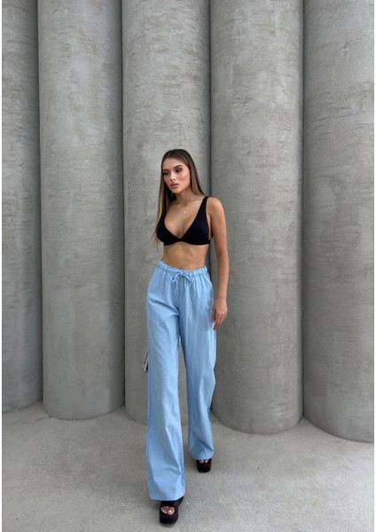 Bağcıklı Keten Pantolon Mavi fırsatları