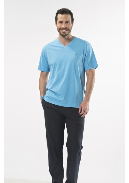 2137 Açık Mavi Erkek Şantuklu V Yaka Nakışlı Kısa Kol Pijama Takım