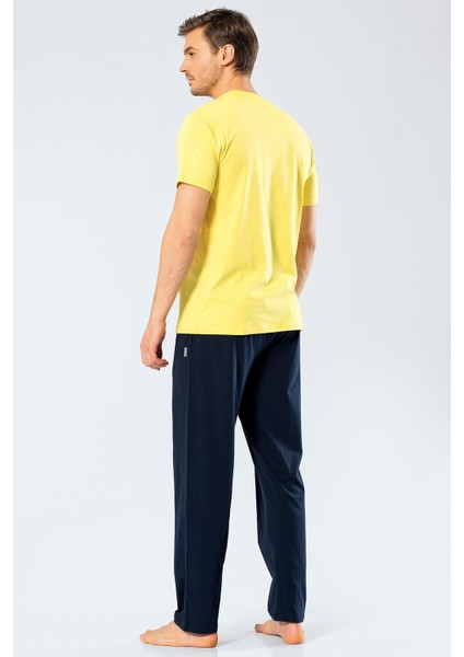 2203 Sarı Erkek Baskılı V Yaka Pantolon Pijama Takımı fırsatları