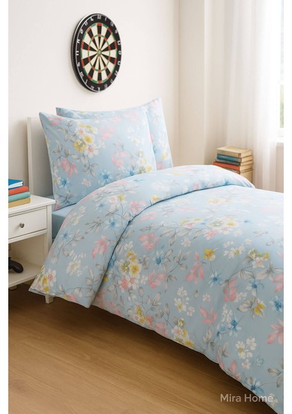 Mavi Çiçek Desenli Pamuklu Tek Kişilik Nevresim Takım