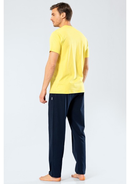 2203 Sarı Erkek Baskılı V Yaka Pantolon Pijama Takımı fiyatları