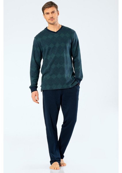 2194 Yeşil Erkek Jakarlı Baklavalı V Yaka Pijama Takımı