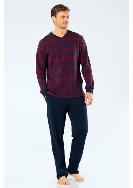 2194 Bordo Erkek Jakarlı Baklavalı V Yaka Pijama Takımı