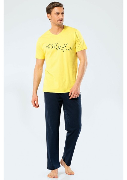 4135 Sarı Erkek Baskılı V Yaka Pantolon Pijama Takım