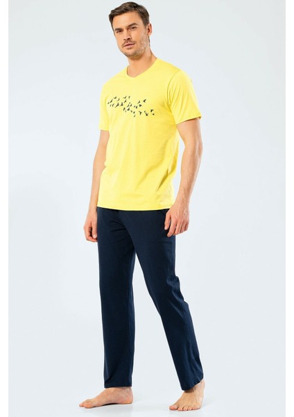 4135 Sarı Erkek Baskılı V Yaka Pantolon Pijama Takım fiyatları