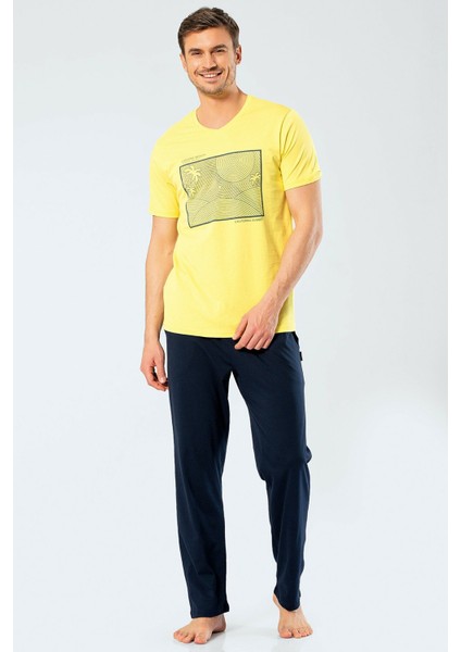 4133 Sarı Erkek Baskılı V Yaka Pantolon Pijama Takım modelleri