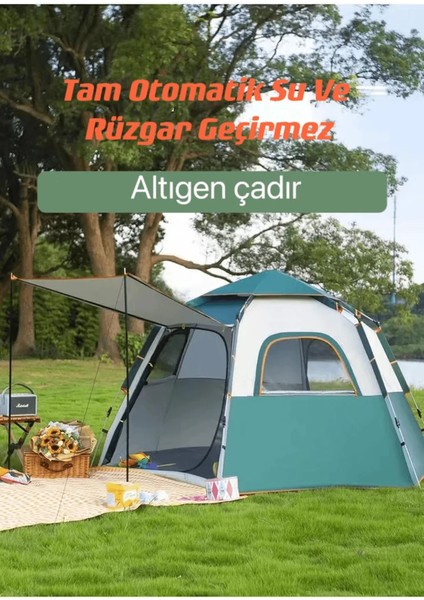 Tam Otomatik Su ve Rüzgar Geçirmez Gölgelikli Altıgen Çadır Aile Çadırı 280*240*155 cm -ZP29 (Haki)