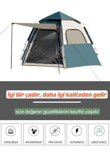 Tam Otomatik Su ve Rüzgar Geçirmez Gölgelikli Altıgen Çadır Aile Çadırı 280*240*155 cm -ZP29 (Haki) fırsatları