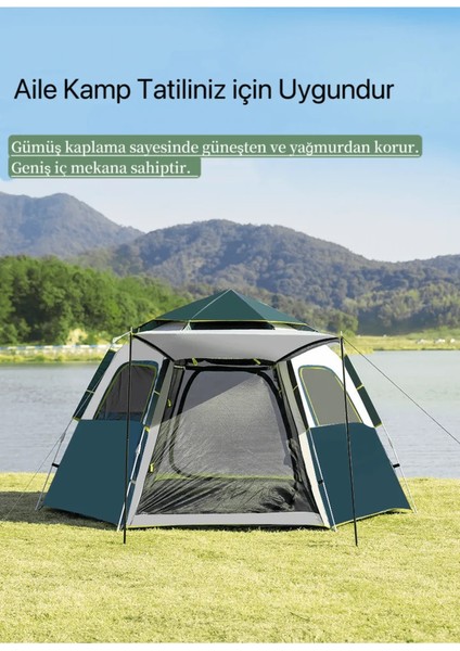 Tam Otomatik Su ve Rüzgar Geçirmez Gölgelikli Altıgen Çadır Aile Çadırı 280*240*155 cm -ZP29 (Haki)