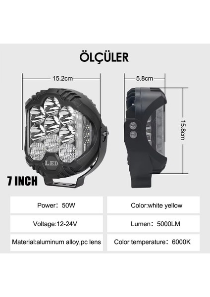 7 Inç Güçlü Off Road LED Çalışma Lambası Turuncu-Beyaz Turuncu Çakar ve Sabit 2 Modlu 50W (1 Adet) fırsatları