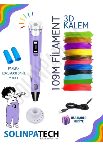 3D Kalem 3D Pen USB Kablolu Üç Boyutlu Yazıcı Kalem Printer-MOR (Çok Renkli Filament - 109METRE)