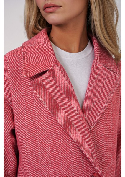 Kadın BDART Oversize Çift Düğmeli Herringbone Palto Kırmızı
