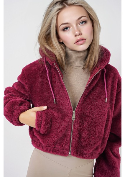 Kadın BDART Sahte Kürk Leopar Desenli Kapşonlu Crop Hoodie Purple fiyatları