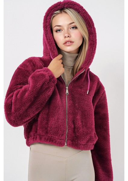 Kadın BDART Sahte Kürk Leopar Desenli Kapşonlu Crop Hoodie Purple modelleri