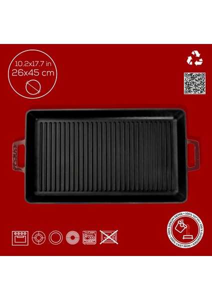 Döküm Dikdörtgen Izgara Tavası Döküm Demir Yekpare Çift Kulplu Ölçü 26 x 45 cm -Bordo fırsatları