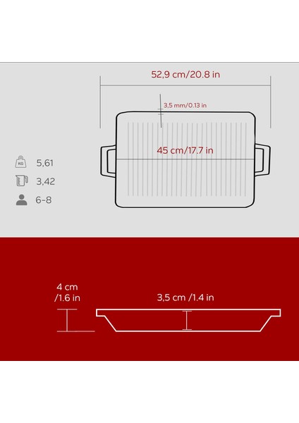 Döküm Dikdörtgen Izgara Tavası Döküm Demir Yekpare Çift Kulplu Ölçü 26 x 45 cm -Bordo indirimleri