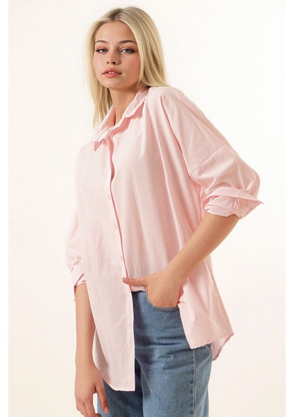 Kadın BDART Büyük Beden Düğmeli Uzun Kol Gömlek Pink modelleri