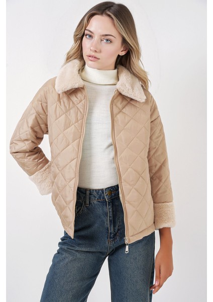 Kadın BDART Doku Desenli Şal Yaka Mont, Sahte Kürk Detaylı Natural fiyatları