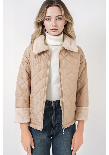 Kadın BDART Doku Desenli Şal Yaka Mont, Sahte Kürk Detaylı Natural modelleri