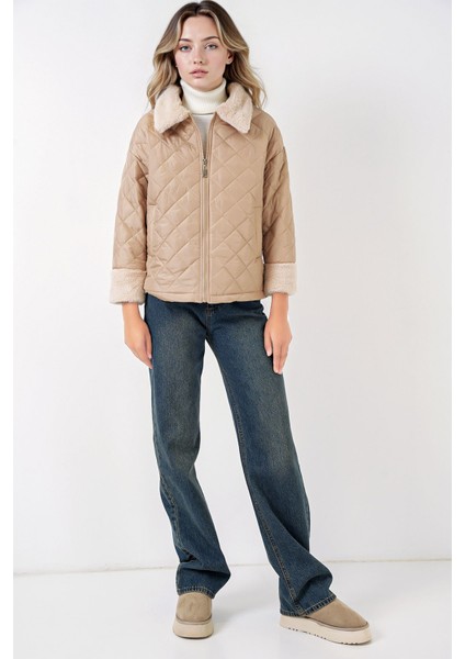 Kadın BDART Doku Desenli Şal Yaka Mont, Sahte Kürk Detaylı Natural fırsatları