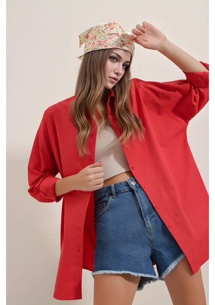 Kadın BDART Büyük Beden Düğmeli Uzun Kol Gömlek Red modelleri