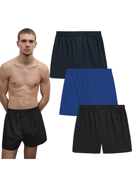 Erkek Pamuklu Poplin Boxer, Üçlü Paket, Siyah-Lacivert-Mavi, Large