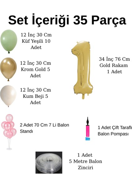 1 Yaş Balon Standlı ve Pompalı Retro Küf Yeşili Krom Gold Kum Beji Balon Seti Gold Rakam Süsleme fiyatları