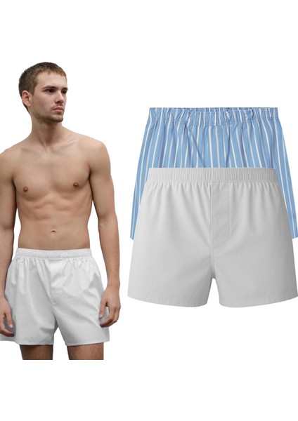 Erkek Pamuklu Poplin Boxer, Ikili Paket, Beyaz-Mavi, 2xlarge