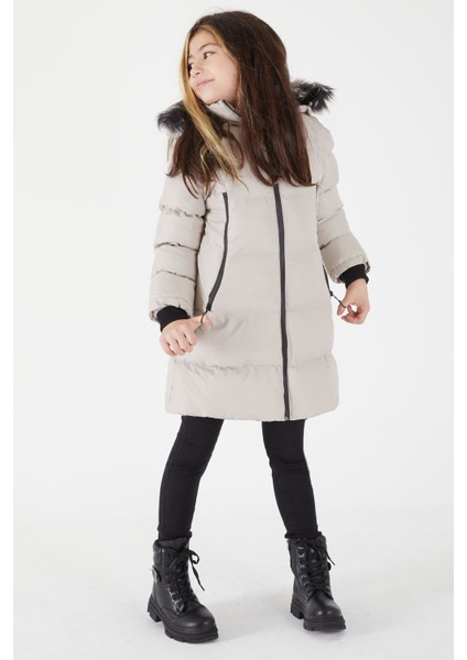 Kız Çocuk Şişme Mont Kürklü Bej 15503