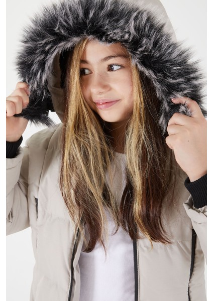 Kız Çocuk Şişme Mont Kürklü Bej 15503 indirimleri