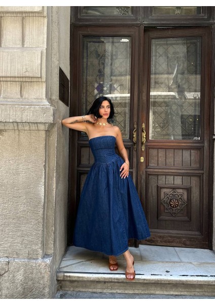 Straplez Denim Midi Elbise modelleri