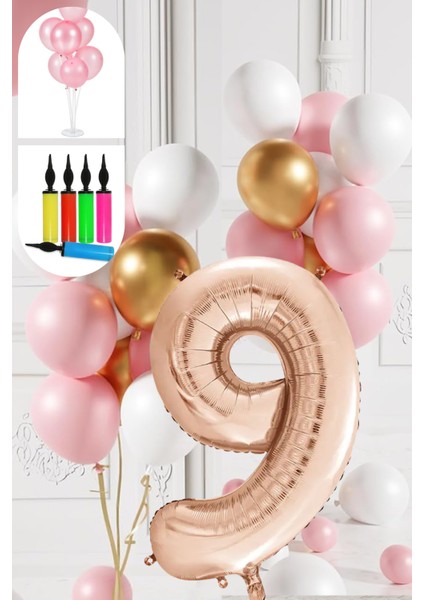 9 Yaş Balon Standlı ve Pompalı Retro Gold Pembe Beyaz Balon Seti Rose Gold Rakamlı Süsleme