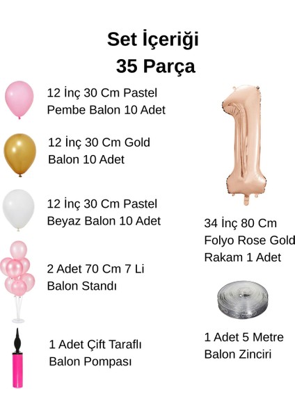 9 Yaş Balon Standlı ve Pompalı Retro Gold Pembe Beyaz Balon Seti Rose Gold Rakamlı Süsleme fiyatları