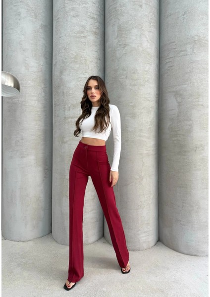Likralı Çımalı Palazzo Krep Ithal Bordo Pantolon indirimleri