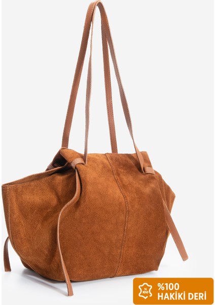 Kadın Hakiki Deri Shopper El ve Omuz Çantası Yorita Taba Süet