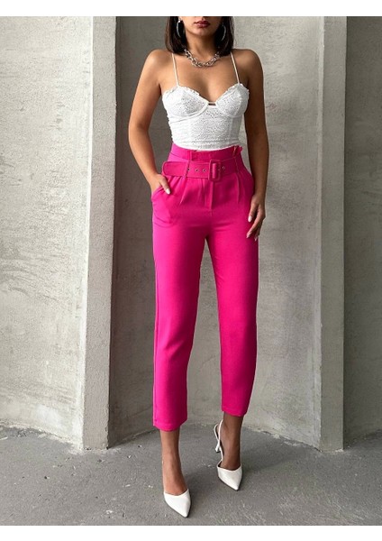 Yüksek Bel Kemerli Fuşya Havuç Pantolon