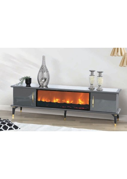 Bera Antrasit - Gold Şömineli Dünya Tv Sehpası